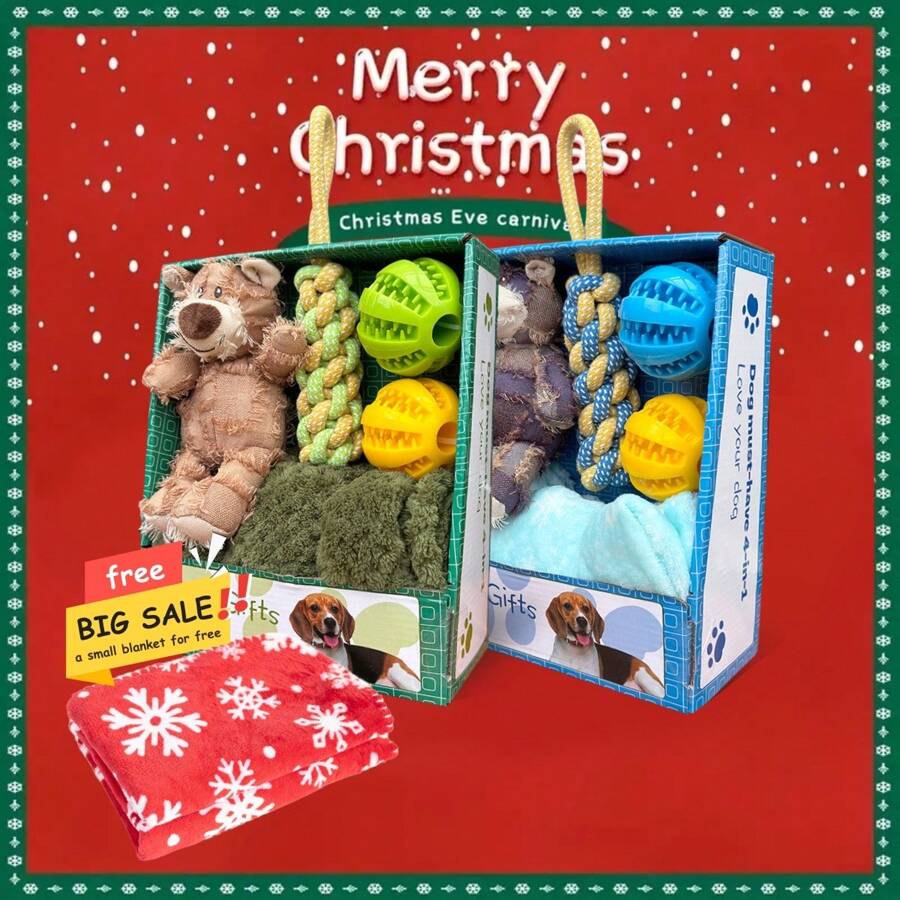 圣诞宠物娃娃套装包括圣诞系列毛毯、毛绒娃娃、自娱自乐声音玩具、厚实咀嚼玩具、绳索拼图玩具、不倒翁玩具、蓝绿组合吸水宠物毯