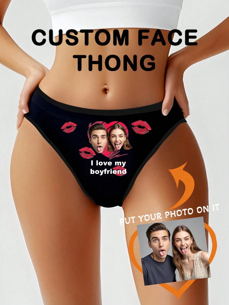 1 件定制周年纪念情侣/男朋友/丈夫英文字母和肖像印花性感内衣丁字裤，有弹性，低腰，提臀，节日礼物 - 黑色 - 查看 1