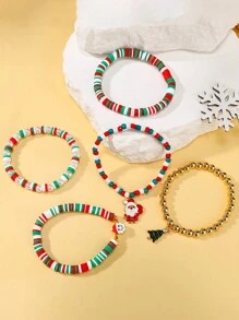 Bộ 5 chiếc/bộ vòng tay Giáng sinh cho bé gái, vòng tay bằng gốm mềm màu đỏ, xanh lá, trắng và hạt ngọc trai có hình ông già Noel, mặt dây chuyền cây thông Noel, vòng tay Giáng sinh đàn hồi đa năng bằng hạt, quà tặng Giáng sinh - Một cỡ - Xem 3