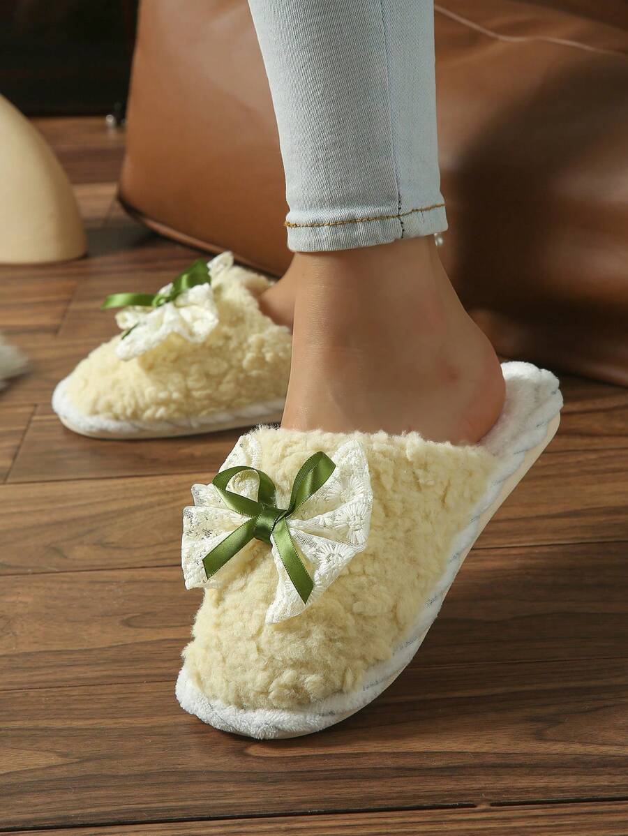 全新 女士休闲时尚蝴蝶结装饰室内/户外防滑毛绒拖鞋 - 黃色 - 查看 1