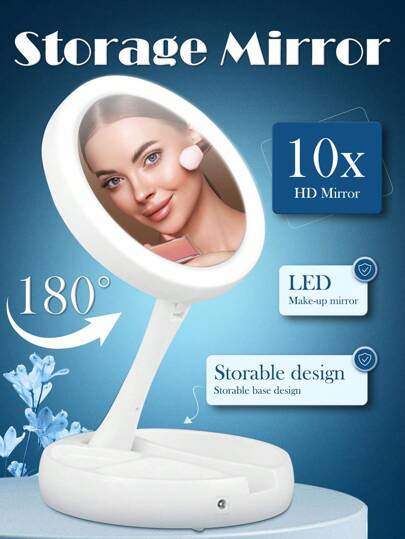 带灯放大化妆镜，10X/1X 放大倍数折叠带灯镜双面，5.9 英寸 LED 化妆镜，适用于旅行、家庭、便携式镜子台式镜，带灯化妆镜可充电，灯 90 度旋转和触摸屏调光，可拆卸便携式旅行化妆梳妆镜带灯，送给女孩最好的朋友的圣诞礼物