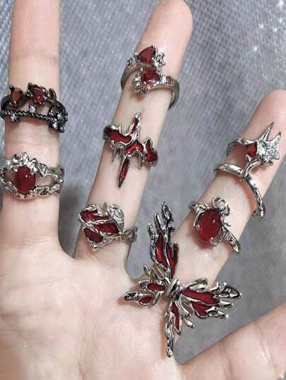 8pcs Asymmetric Red Crystal Glass Heart Shaped Rings, Y2K Gothic Spider Rings, Creative Vintage Style Jewelry, Gifts For Valentine's Day, Mother's Day