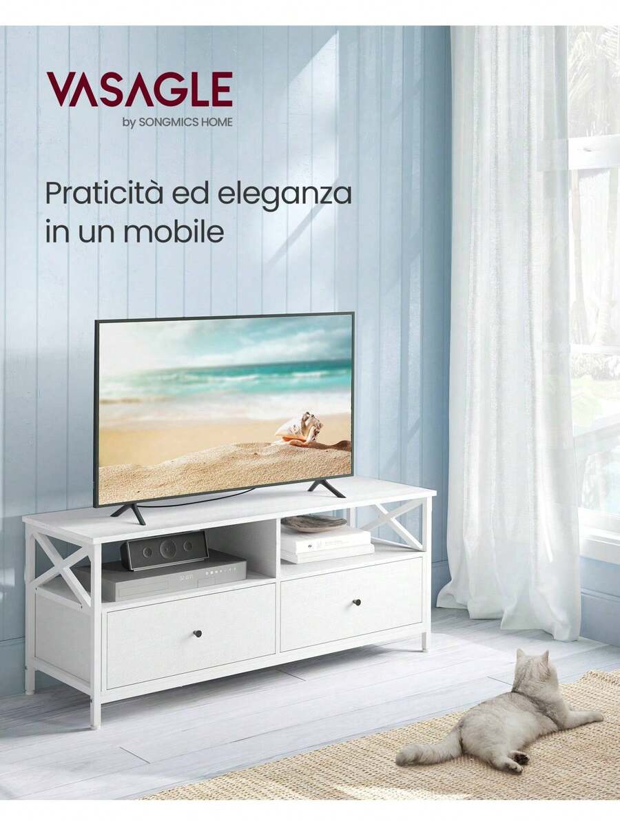 VASAGLE Mobile TV, Tavolino Porta TV fino a 55 Pollici, Lungo 120 cm, 2 Cassetti 2 Ripiani Aperti, 40 x 120 x 50 cm, Soggiorno, Camera da Letto, Struttura in Acciaio, Marrone Vintage e Nero/bianco