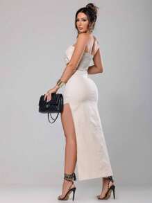 Set For Casual Events Elegant Parties Chic Modern Cropped Strapless Model Beautiful Bow With Long Skirt High Waist With Button Tailored Fabric - 米色 - 查看 3