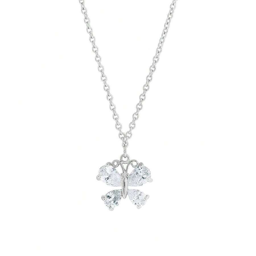 Silver-Tone Cubic Zirconia Butterfly Pendant Necklace 16"Adj.