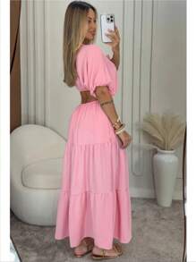 Long Dress, Loose, Flared, Ruffled, Slit, V-Neck, Side Opening, Little Sleeves, Elegant, Women's Fashion, Trend, Summer, End Of Year Party - Màu Hồng baby - Xem 2