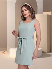 Tailored Sheath Dress With Belt And Back Zipper - 薄荷綠 - 查看 2