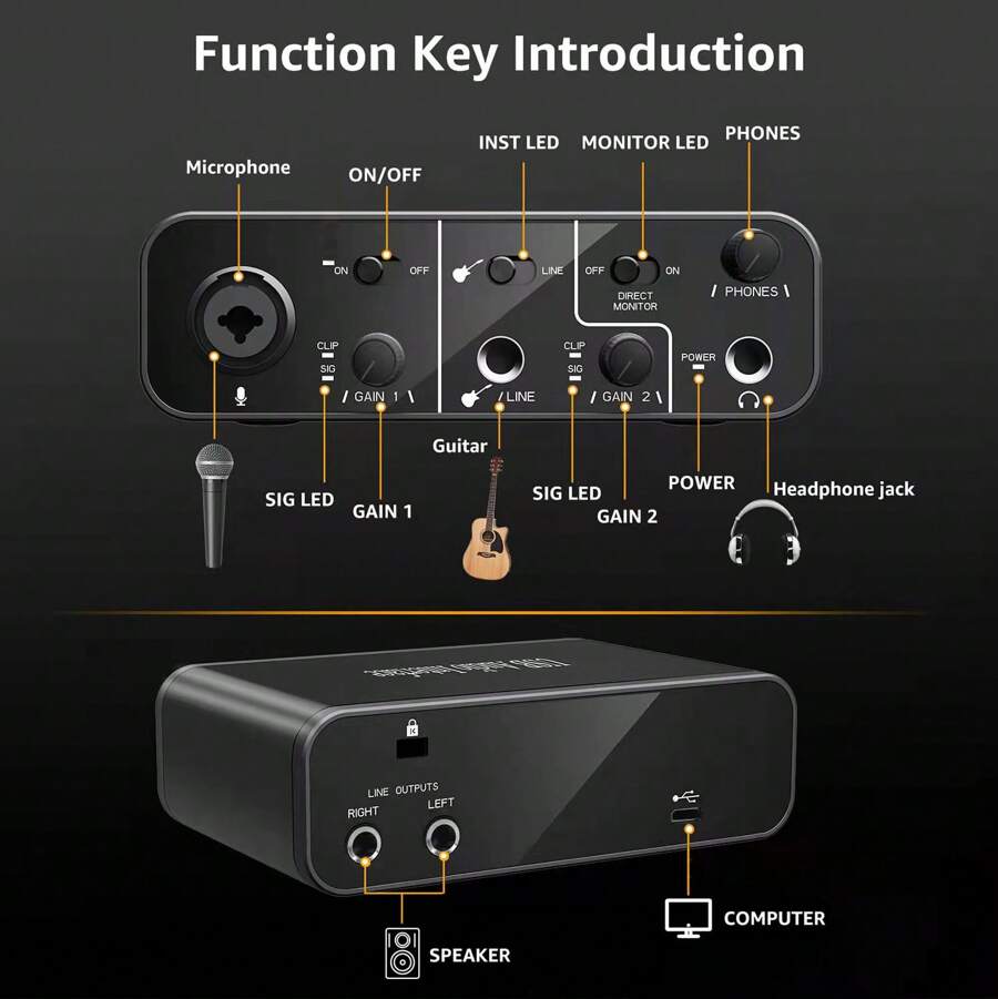 USB Audio Interface Mic Preamps With USB C Cable Adapter 48V Phantom Power 24 Bit Support Smartphone, Tablet, PC Recording,Microphones,Usb Microphone For Pc,Iphone Microphone Set - Black - View 1