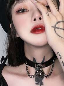 Vòng cổ choker tối màu phong cách Punk, vòng cổ da hình trái tim, dây chuyền xương đòn, trang sức thời trang, quà tặng ngày lễ tình nhân - Nhiều màu - Xem 1