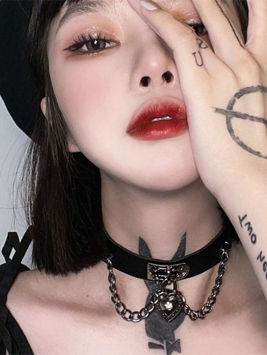 Vòng cổ choker tối màu phong cách Punk, vòng cổ da hình trái tim, dây chuyền xương đòn, trang sức thời trang, quà tặng ngày lễ tình nhân - Nhiều màu - Xem 1