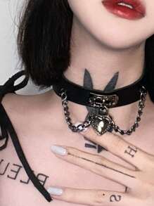 Vòng cổ choker tối màu phong cách Punk, vòng cổ da hình trái tim, dây chuyền xương đòn, trang sức thời trang, quà tặng ngày lễ tình nhân - Nhiều màu - Xem 3