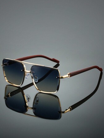 1 件男士新款方形时尚眼镜高级感独特双梁设计复古仿木纹眼镜腿简约轻奢风格眼镜适合驾驶旅行装饰佩戴夏季海滩度假、户外、旅行