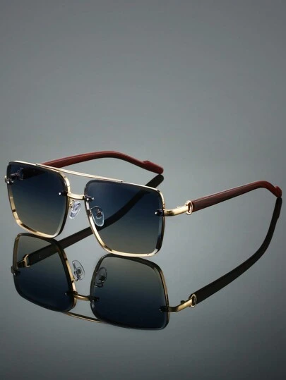 1 件男士新款方形时尚眼镜高级感独特双梁设计复古仿木纹眼镜腿简约轻奢风格眼镜适合驾驶旅行装饰佩戴夏季海滩度假、户外、旅行