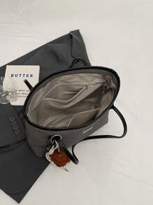 时尚毛绒吊坠，复古大容量休闲单肩托特包配金属五金装饰，纯色休闲手提包日常使用，优雅百搭通勤女士手提包 - 黑色 - 查看 4