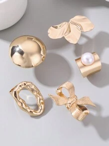 1/5pcs Oversized Metal Bowknot Flower Asymmetrical Chunky Ring Fashion Jewelry, Suitable For Parties Valentines - Gold - View 2