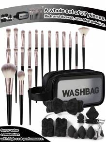 18-20-22-25-30PCS Makeup Brush Set+1pc Multi-Functional Zipper Toiletry And Cosmetic Bag Waterproof+3PCS Makeup Sponges +3PCS Mini Makeup Sponges +3PCS Triangle Powder Puffs+3PCS Mini Air Cushion Powder Puffs+1pc Hairband +2PCS Hand Bowl Strap+1pc Eyelash Curler - 彩色 - 查看 16