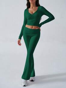 2件套女士Y2K休闲日常纯色简约长袖V领上衣和修身裤套装，秋季 - 綠色 - 查看 4