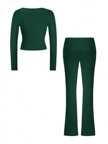 2件套女士Y2K休闲日常纯色简约长袖V领上衣和修身裤套装，秋季 - 綠色 - 查看 8