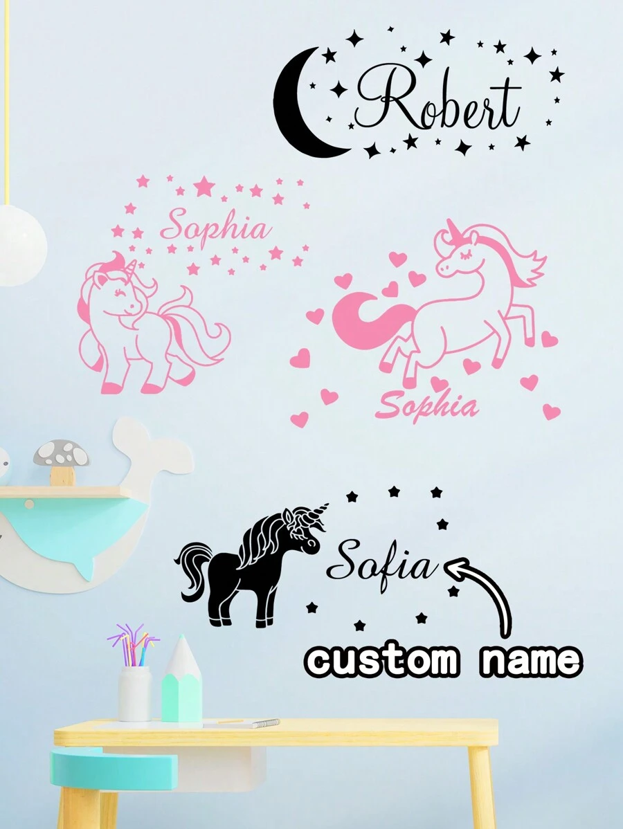 1 pièce Sticker mural en PVC asymétrique en forme d'étoile et de lune de licorne mignonne avec nom personnalisé, pour chambre, usage quotidien et universel, amovible - noir - Voir 1