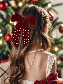 1pc Girls/Kids' Autumn/Winter Christmas Pearl Bow Hair Clip, Cute & Elegant Velvet Bow Hair Accessory