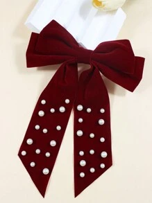 1pc Girls/Kids' Autumn/Winter Christmas Pearl Bow Hair Clip, Cute & Elegant Velvet Bow Hair Accessory