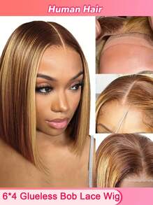 6x4 无胶蕾丝前直发 4/27 鲍勃假发 真人发质挑染 蜜金色蕾丝前假发 人发预拔婴儿发 180% 密度 万圣节服装派对假发