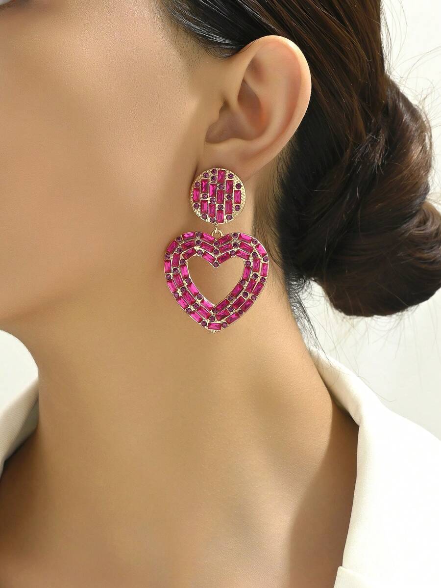 1 对时尚简约几何心形吊坠耳环，适合女士，流行热粉色和绿色，个性珠宝，适合节日派对正式舞会配饰，女士和情侣礼物 - 彩色 - 查看 1