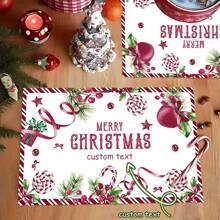 Personalised Christmas Printed Linen Placemats (Set Of 4 / Set Of 6) - Lollipop & Ribbon Print 30*45CM/12X18IN Placemats, Tablecloths - Customised Text Design, Perfect For Christmas, New Year, Family Gatherings
