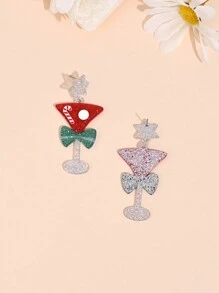 1 对圣诞卡通闪光星星酒杯吊饰耳环，独特甜美蝴蝶结亚克力女士耳环，节日珠宝 - 查看 4