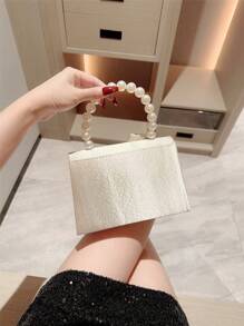 Túi xách satin xếp ly cổ điển dành cho nữ, Túi xách dạ hội quai xách giả ngọc trai, Túi dự tiệc có nắp đậy, Ví cầm tay dự tiệc cưới trang trọng có dây đeo xích - Màu be - Xem 6