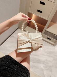 Túi xách satin xếp ly cổ điển dành cho nữ, Túi xách dạ hội quai xách giả ngọc trai, Túi dự tiệc có nắp đậy, Ví cầm tay dự tiệc cưới trang trọng có dây đeo xích - Màu be - Xem 2