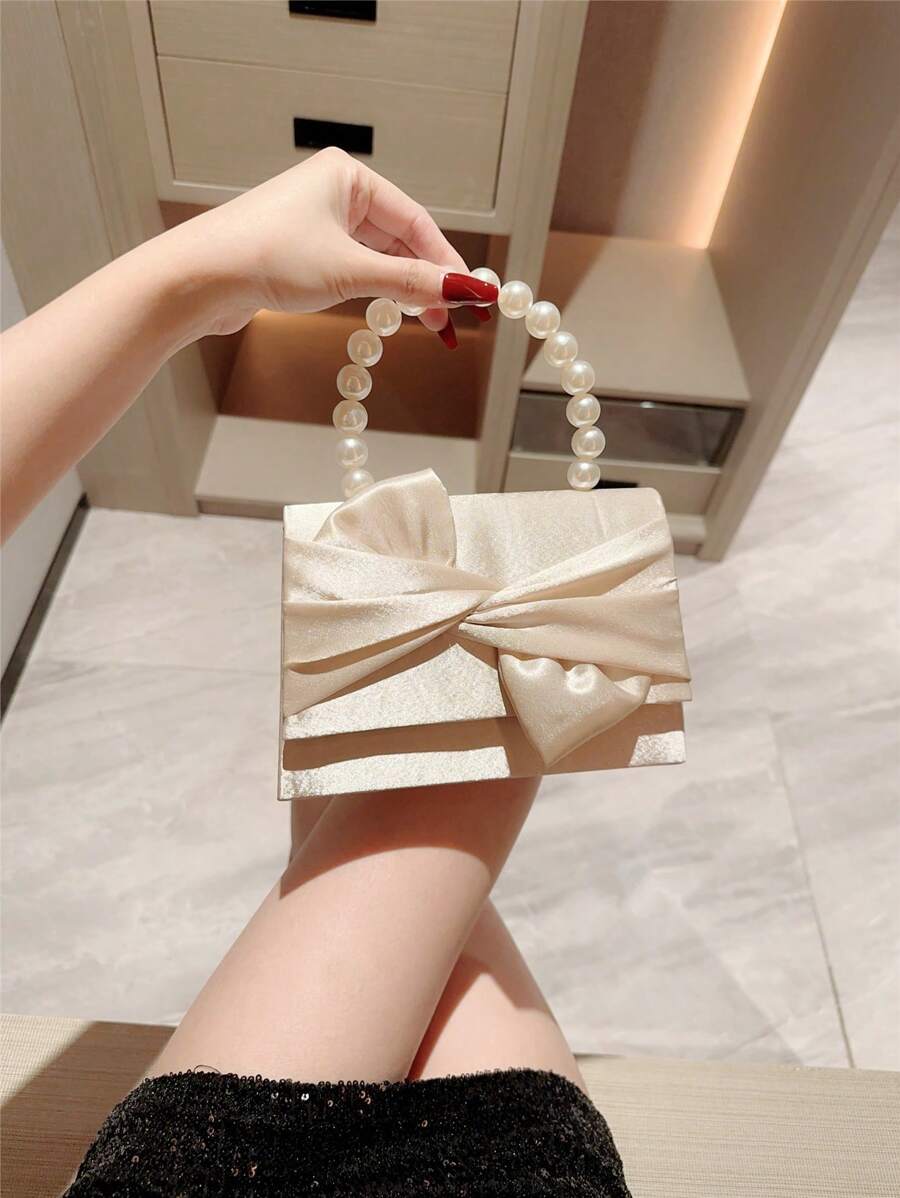 Túi xách satin xếp ly cổ điển dành cho nữ, Túi xách dạ hội quai xách giả ngọc trai, Túi dự tiệc có nắp đậy, Ví cầm tay dự tiệc cưới trang trọng có dây đeo xích - Màu be - Xem 1