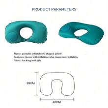 按压式充气U型颈枕，便携可折叠植绒充气旅行枕 - 綠色 - 查看 7