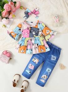 3pcs/Set Baby Girl Daily Kitten Element Digital Print Bell Sleeve Top, Pants And Headband Set (Asymmetrical Print)