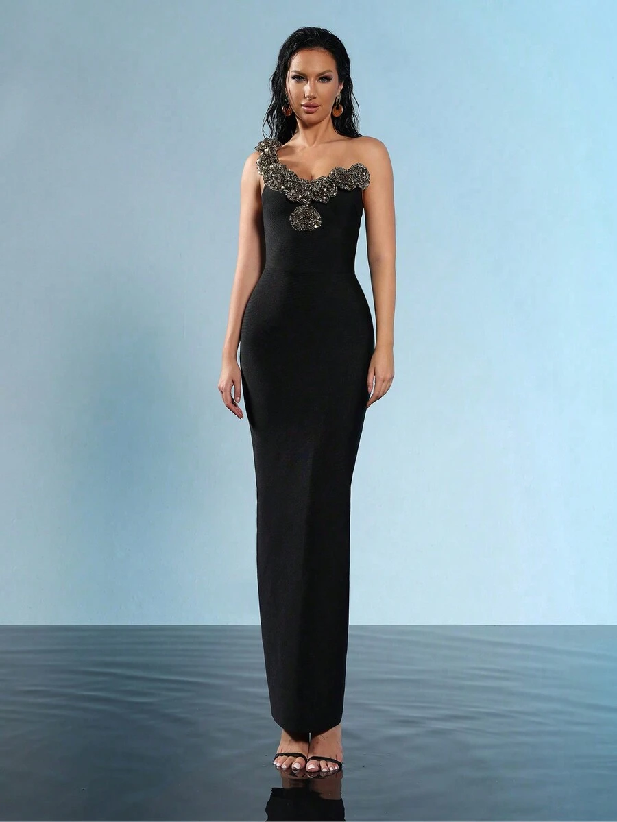 Modphy Nouvelle robe de soirée luxueuse maxi moulante en sequins noirs et or avec rose 3D sur les bretelles, élégante pour galas, cérémonies et fêtes - Noir - Voir 1