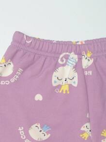 Tween 女童卡通猫印花加厚家居服套装，女童秋冬季保暖睡衣内衣 - 紫色 - 查看 7