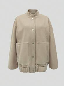 女士时尚优雅休闲纯色立领大口袋外套 - 駝色 - 查看 1