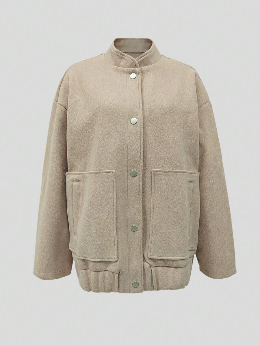 女士时尚优雅休闲纯色立领大口袋外套 - 駝色 - 查看 1