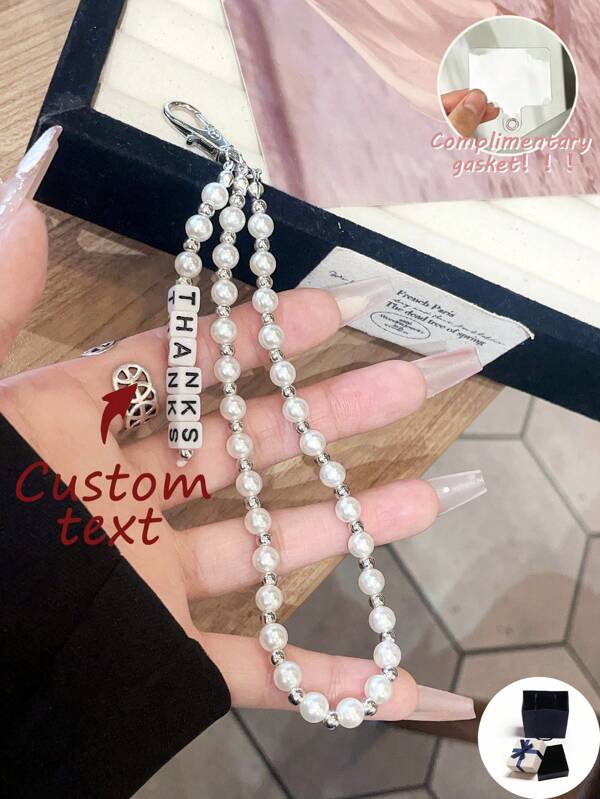 Customized Pearl Phone Lanyard, Fashionable Minimalist Personalized Phone Chain, (Includes Phone Strap Pad), Letter Bead Customizable For Name, Slogan, Date, Suitable For Birthday, Anniversary, Gift