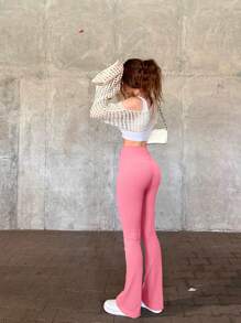 OQQ Women's 2 Piece Yoga Pants Ribbed Seamless Workout High Waist Bell Bottoms Flare Leggings - 黑色,糖果粉紅色 - 查看 2