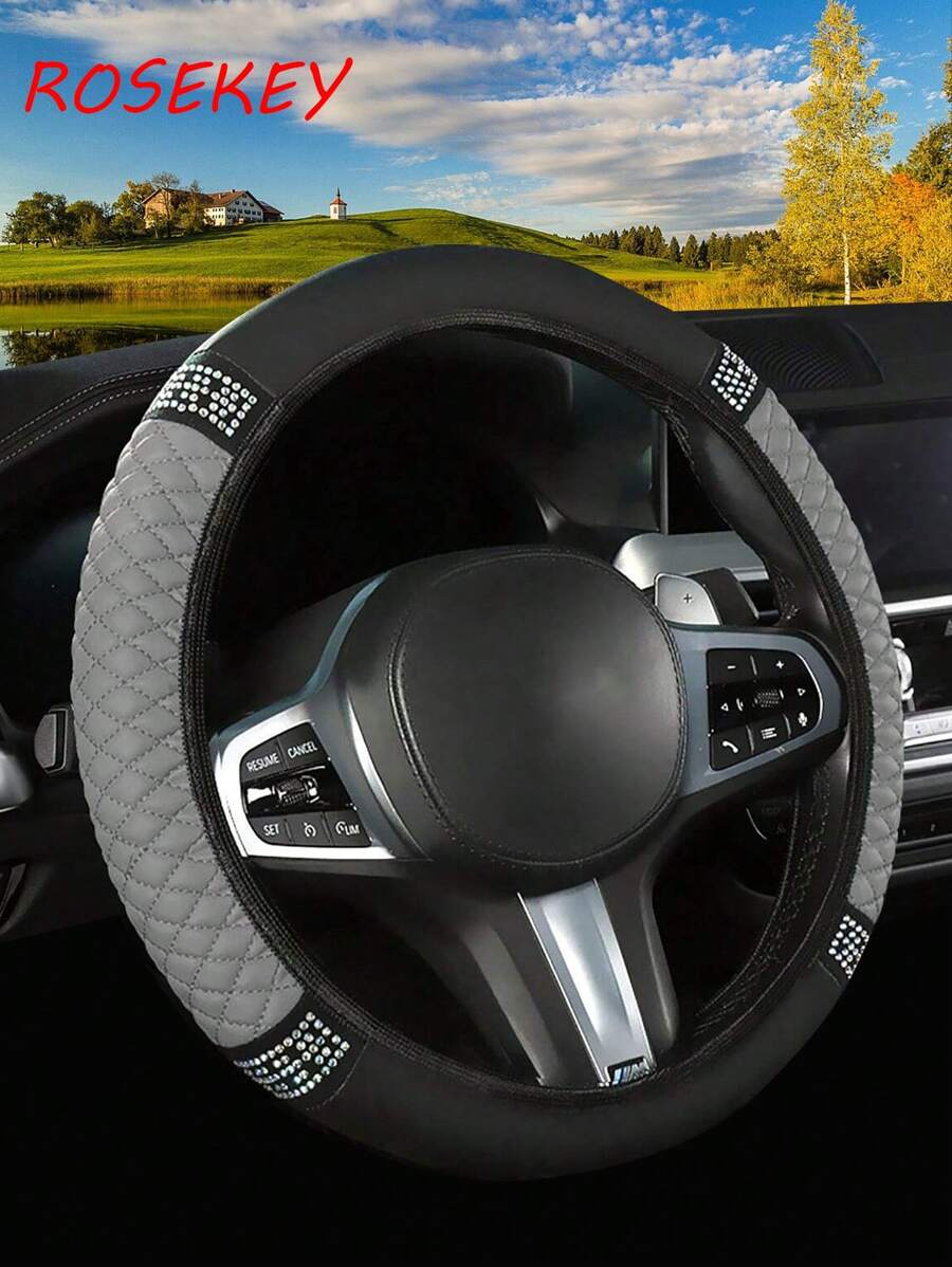 1入時尚耐用有光澤的軟皮質汽車方向盤套-防滑、耐高溫和低溫保護套 - 灰色 - 查看 1
