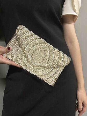Faux Pearl Glittery Rhinestone Decorated Evening Bag, Rhinestone Embellished Envelope Clutch Handbag With Chain Strap, Fashion Party Purse, Elegant Prom Bag, Elegant Pearl Bag