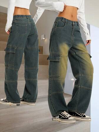 复古水洗牛仔工装裤，宽松直筒休闲裤，适合青少年女孩