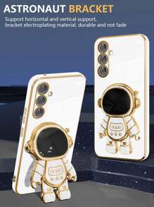 宇航员支架手机壳，可折叠电镀软壳防震保护套，适用于 17 16 15 14 13 12 11 XS XR X 7 8 Plus Pro Max Galaxy S25U S24 S23 A55 A54 A35 A25 A15 A16 A17 A06 A07、Redmi 9 10 12 13 14C T A Redmi Note 9 10 11 12 13 14、Redmi A5 电镀保护套 - 白色 - 查看 6