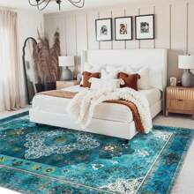 Alfombra lavable para sala de estar, alfombra grande de pelo corto con estampado vintage, antideslizante, resistente a las manchas, alfombra floral, alfombra de piso retro desgastada para interiores para dormitorio, comedor, oficina - Verde - Ver 2