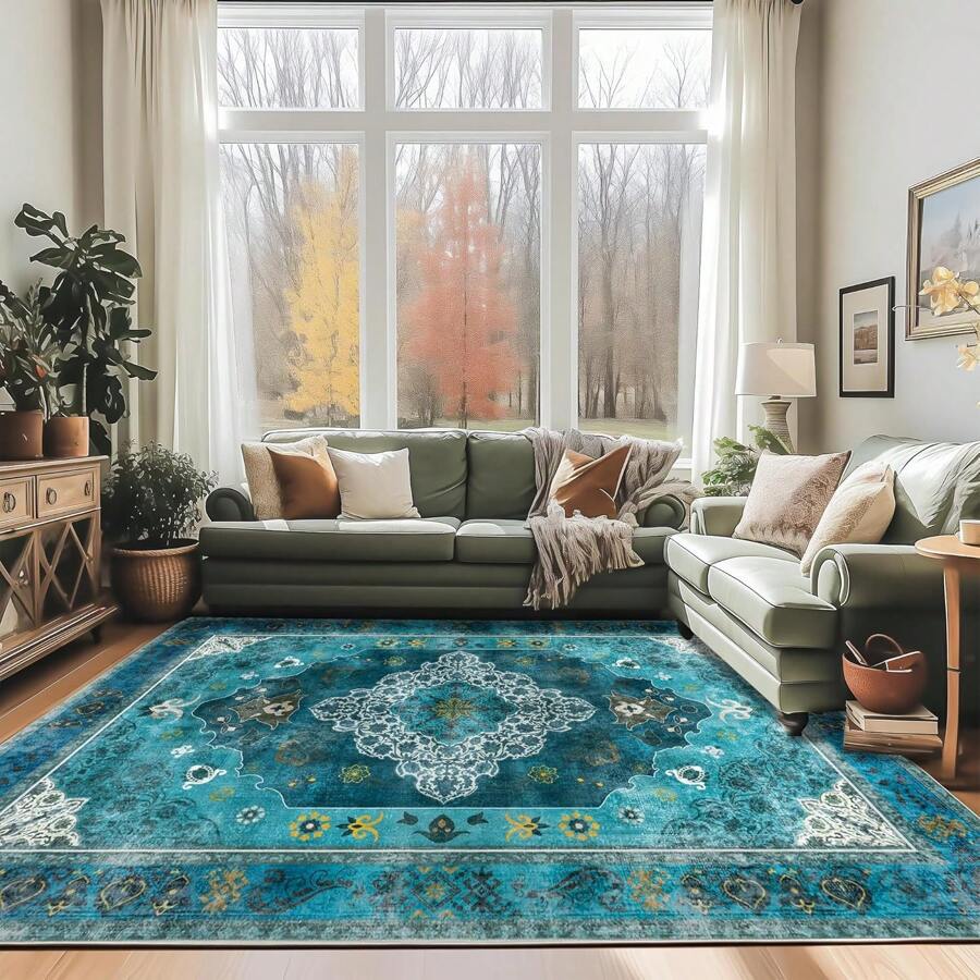 Alfombra lavable para sala de estar, alfombra grande de pelo corto con estampado vintage, antideslizante, resistente a las manchas, alfombra floral, alfombra de piso retro desgastada para interiores para dormitorio, comedor, oficina - Verde - Ver 1