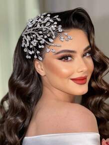 1pc Silver Bridal Headpiece, Crystal Rhinestone Vintage Leaf Design Hair Accessory, Pearl Hair Clip Decor, Festival Gift Valentine's Day Accessories,Wedding Hair Accessories - Silver - View 8