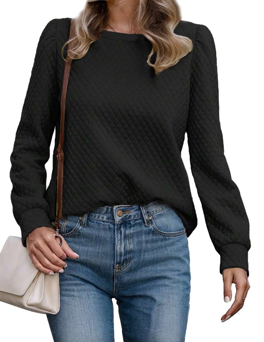 hoteel Womens Round Neck Long Sleeve Sweatshirt - 黑色 - 查看 1