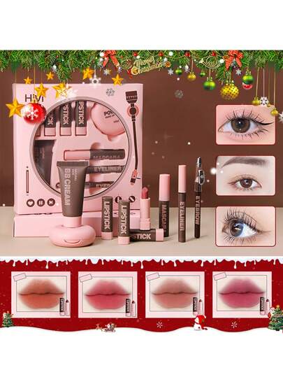 HangFang Kit de maquillage de Noël pour femmes, ensemble complet. Produits de maquillage longue tenue, comprenant 9 pièces : rouge à lèvres, poudre pressée, BB crème, crayon à sourcils, mascara, eye-liner. Kit cosmétique imperméable et longue tenue. Coffret cadeau de Noël pour femmes et filles