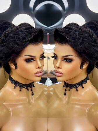 Short Wigs For Women Human Hair 1B Nature Black Pixie Cut Wig Human Hair Lace Frontal Wigs For Women 13*4*1 T Part Lace Frontal Wig Glueless Wigs For Valentine's Day, Daily Use Natural Hairline Short Lace Wig For Women Human Hair Black Color Wig Short Wigs With Side Part Bangs